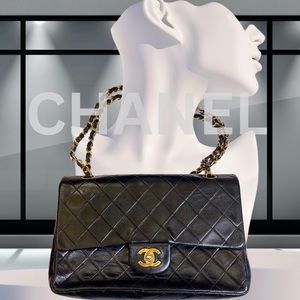 Chanel Vintage Classic Double Flap Lambskin Leather Shoulder Bag